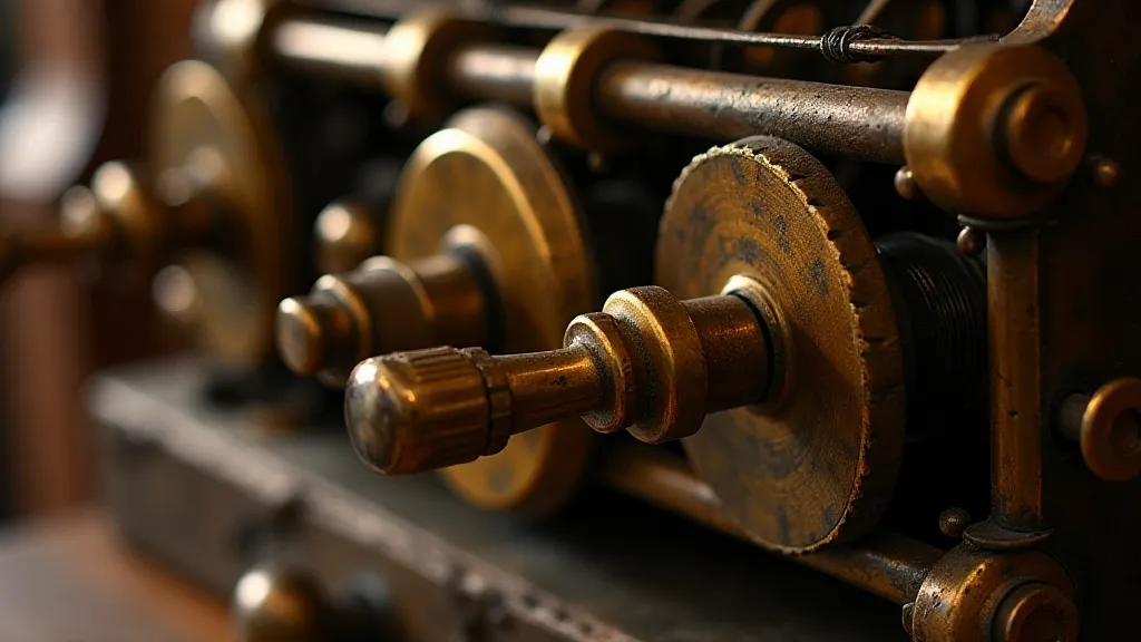 Close-up of antique adding machine gears