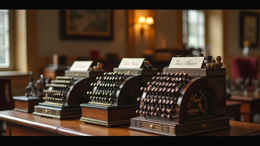 Collection of antique adding machines displayed on a shelf