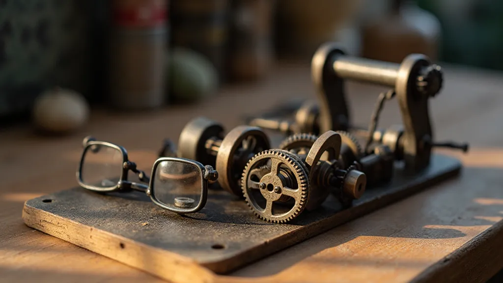 Antique adding machine gears on a workbench