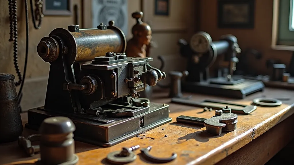 Vintage workbench with adding machine parts.